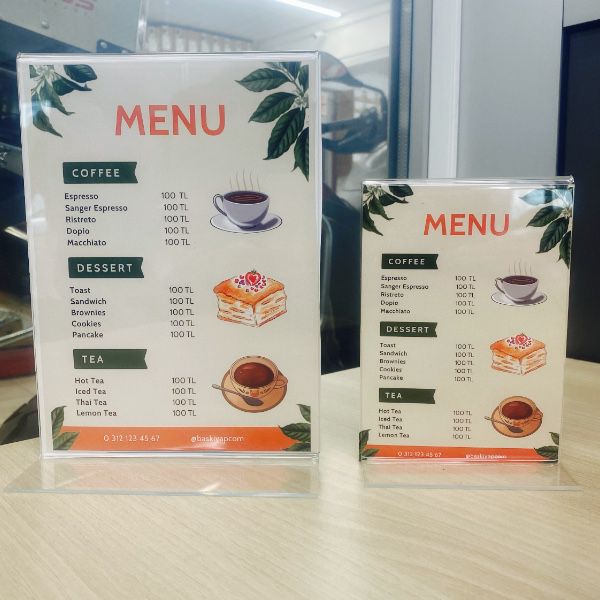 Kişiye Özel T Tipi Dikey Masaüstü Şeffaf Pleksi Föylük Broşürlük A6